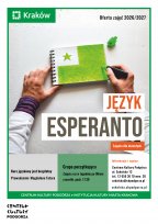Na górze widoczne dłonie rysujące zielonym mazakiem flagę esperanto w notatniku. Poniżej znajdują się kluczowe informacje