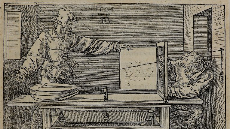 Renesansowy drzeworyt Albrechta Dürera przedstawiający dwóch mężczyzn w warsztacie. Po lewej stoi artysta lub uczony, który za pomocą ramy z naciągniętą siatką i wskazującą dłonią demonstruje zasady perspektywy. Na stole między nimi leży lutnia ustawiona 