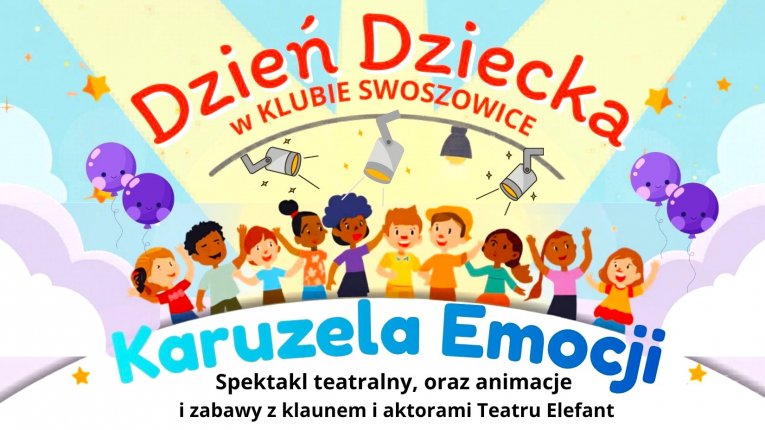 W świetle rozsuniętej kurtyny widoczna głowa klauna w meloniku. Po bokach z dwóch innych meloników wylatują balony.