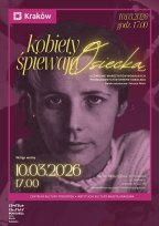 Plakat, a na nim czarno-białe, ziarniste zdjęcie portretowe Agnieszki Osieckiej, na które nałożono intensywny, amarantowy filtr. Napisy wykonane ozdobną, złotą czcionką.