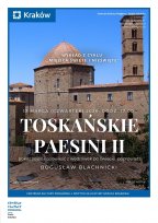 Plakat, a na nim fotografia przedstawiająca historyczną, kamienną architekturę Toskanii z charakterystyczną kopułą i wysoką dzwonnicą pod bezchmurnym, niebieskim niebem. Na pierwszym planie dachy kryte czerwoną dachówką.