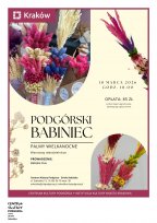 Plakat, a na nim kolaż zdjęć przedstawiający kolorowe palmy wielkanocne wykonane z suszonych kwiatów i traw. Tło w kolorze kremowym z delikatnym motywem roślinnym z boku.