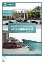 Plakat, a na nim dwie fotografie z Amsterdamu: górna przedstawia biały most zwodzony z rowerzystami, dolna ukazuje charakterystyczną architekturę nad kanałem, w tym budynek w stylu azjatyckim na wodzie.