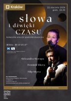 Ciemny, elegancki plakat z portretami dwojga artystów trzymających mikrofony, na tle abstrakcyjnych okręgów w odcieniach złota i grafitu.