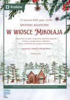Plakat w zimowej, świątecznej stylistyce. Ilustracja akwarelowa przedstawiająca ośnieżony las z choinkami, mały domek z czerwonej cegły oraz zwierzęta leśne. U góry dekoracyjne gałązki świerku, czerwone jagody i gwiazdki anyżu. Całość w jasnej, pastelowej