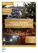 Plakat w ciepłej, złoto-świątecznej kolorystyce. Kompozycja podzielona na dwie części: u góry zimowe choinki ustawione w przestrzeni miejskiej, u dołu nocna fotografia szerokiej paryskiej alei z iluminacjami świątecznymi, samochodami i Łukiem Triumfalnym 
