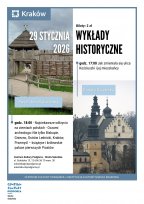 Plakat wydarzenia z podziałem na dwie części: po lewej fotografia drewnianej wczesnośredniowiecznej osady z bramą i palisadą, po prawej zdjęcie zabytkowego kościoła z charakterystycznymi wieżami. Całość w stonowanej, niebiesko-szarej kolorystyce, z nowocz