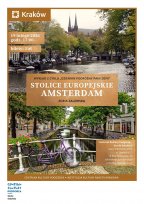 Plakat wydarzenia „Dziennik podróżny Pani Zofii: Stolice europejskie. Amsterdam”. Na zdjęciu kanał w Amsterdamie z charakterystycznymi kamienicami i rowerem przypiętym do barierki mostu.