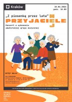 Plakat ilustrowany, Ilustracja przedstawia seniorów grających na instrumentach i śpiewających.
