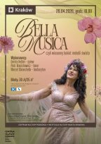 Plakat koncertu "Bella Musica – czyli wiosenny bukiet melodii świata", który odbędzie się 29 kwietnia 2026 roku o godzinie 18:00 w Krakowie. Na jasnym, pastelowym tle z motywami kwiatowymi widnieje postać uśmiechniętej śpiewaczki w różowej sukni i wianku.