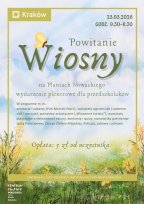 Plakat „Powitanie Wiosny” to radosna, akwarelowa ilustracja przedstawiająca słoneczną łąkę pod błękitnym niebem. Dominują w niej ciepłe odcienie żółci i jasnej zieleni, a centralny, dekoracyjny napis ozdobiony jest grafiką żółtego motyla. Całość kompozycj