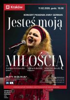 Plakat koncertu piosenek Anny German pt. „Jesteś moją miłością”. Na ciemnym tle centralnie umieszczone zdjęcie śpiewającej Zoriany Grzybowskiej w czerwonej sukience w kwiaty.