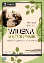 Plakat w jasnych odcieniach zieleni i beżu, ozdobiony motywami liści i klucza wiolinowego. W lewym górnym rogu okrągłe zdjęcie dyrygentki prowadzącej chór kobiet. Tytuł wyróżnia się dużą, czarną czcionką.