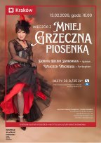 Plakat koncertu piosenek Anny German pt. „Jesteś moją miłością”. Na ciemnym tle centralnie umieszczone zdjęcie śpiewającej Zoriany Grzybowskiej w czerwonej sukience w kwiaty i opasce na głowie.