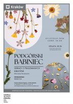 Plakat reklamujący warsztaty 'Podgórski Babiniec: Obrazy z prasowanych kwiatów'. Na białym tle ułożone są suszone i prasowane kwiaty w odcieniach żółci, bieli, różu, fioletu i brązu. Kompozycja kwiatowa jest asymetryczna, z większymi skupiskami kwiatów w