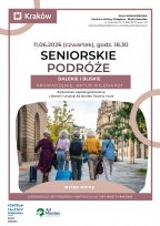 Zdjęcie seniorów idących przez miasteczko, których widzimy od tyłu, na białym tle plakatu.