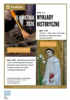 Plakat z grafikami przedstawiającymi pędzel archeologiczny przy pracy oraz portret średniowiecznego mnicha. Kompozycja opiera się na złotych i białych polach tekstowych z logotypami u góry i na dole.