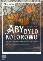 Plakat o ciemnym tle z jaśniejszym, malarskim obrazem kwiatów na górze. Na obrazie widać trzy pomarańczowe i żółte kwiaty na tle z geometrycznych, mozaikowych kształtów w odcieniach błękitu i złota, przypominających witraż.