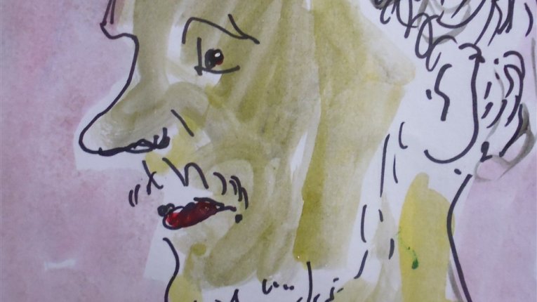 Szkic piórkiem i akwarelą przedstawiający profil starszego mężczyzny z kręconymi włosami i brodą, w ciemnej koszuli, na jasnoróżowym tle, z widocznym podpisem w lewym dolnym rogu.