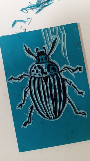 Niebieska matryca do grafiki warsztatowej z wyciętym szczegółowym wizerunkiem chrząszcza.