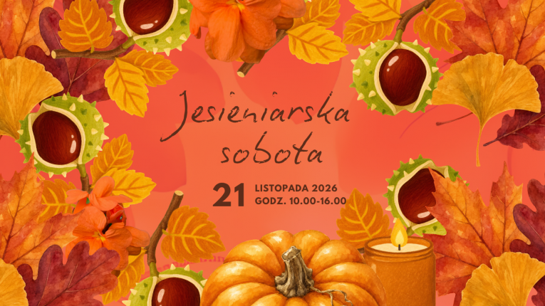 Ilustracja z kasztanami, liśćmi, dynią, świecą