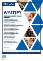 Jasny plakat. Na nim duże trójkąty, a w trójkątach zdjęcia dzieci grających na instrumentach.